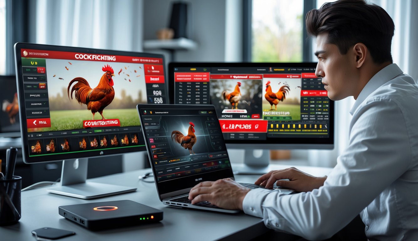 Seorang pria muda menggunakan laptop di ruang kerja modern dengan beberapa layar menampilkan pertandingan sabung ayam dan data taruhan secara real-time.