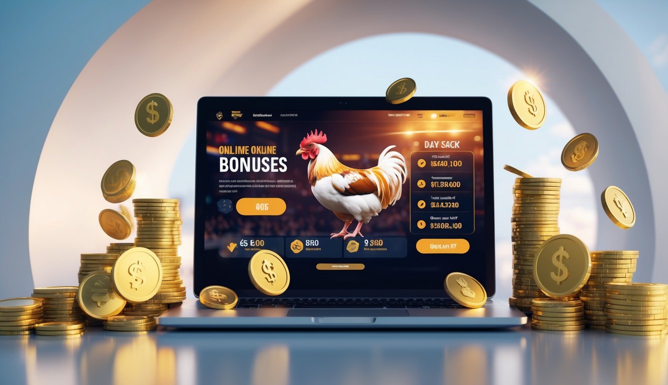 Seseorang menggunakan laptop dengan tampilan situs judi sabung ayam online, dikelilingi oleh uang dan koin emas sebagai simbol bonus dan cashback.