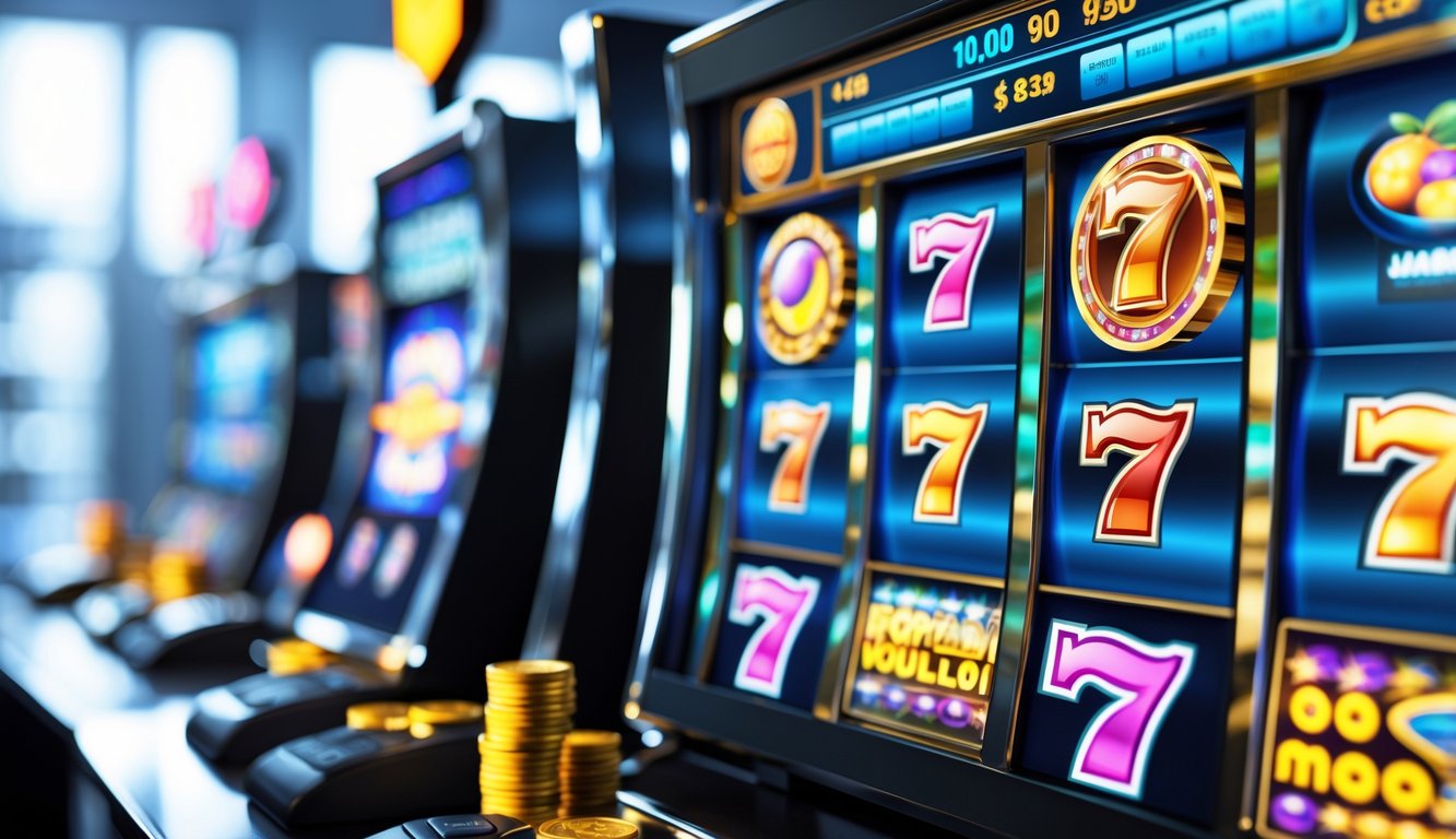 Layar komputer menampilkan permainan slot digital dengan grafik warna-warni dan simbol kemenangan, dikelilingi oleh tumpukan koin dan grafik naik.