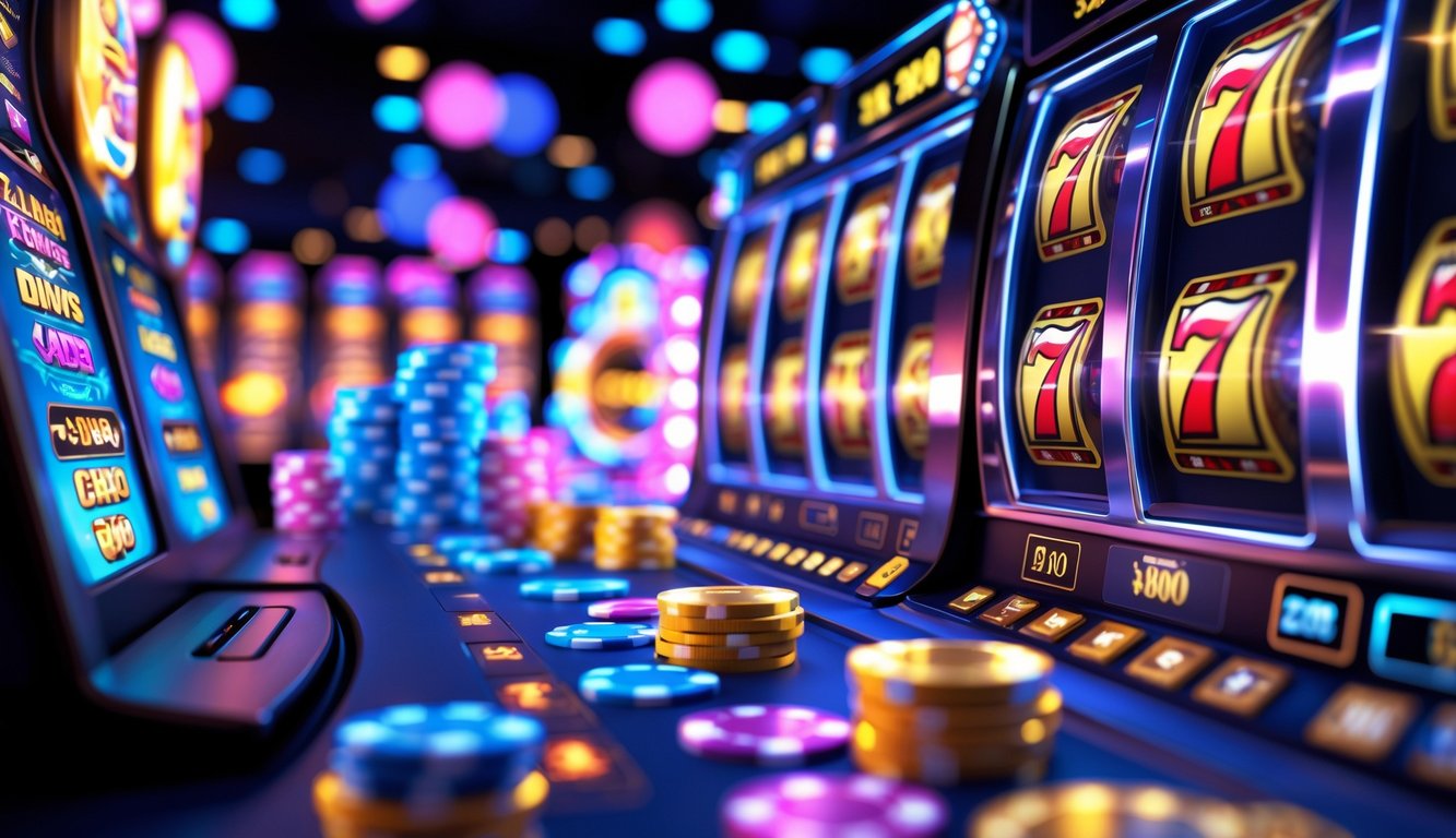 Tampilan antarmuka kasino online dengan mesin slot yang menunjukkan kombinasi kemenangan dan tumpukan koin serta chip di latar belakang.