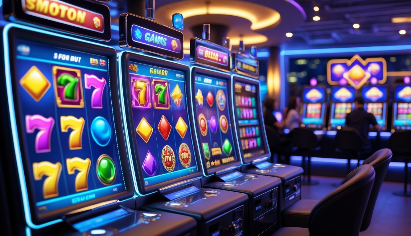 Suasana lounge permainan slot online dengan layar menampilkan berbagai ikon permainan slot berwarna-warni dan beberapa orang sedang bermain.