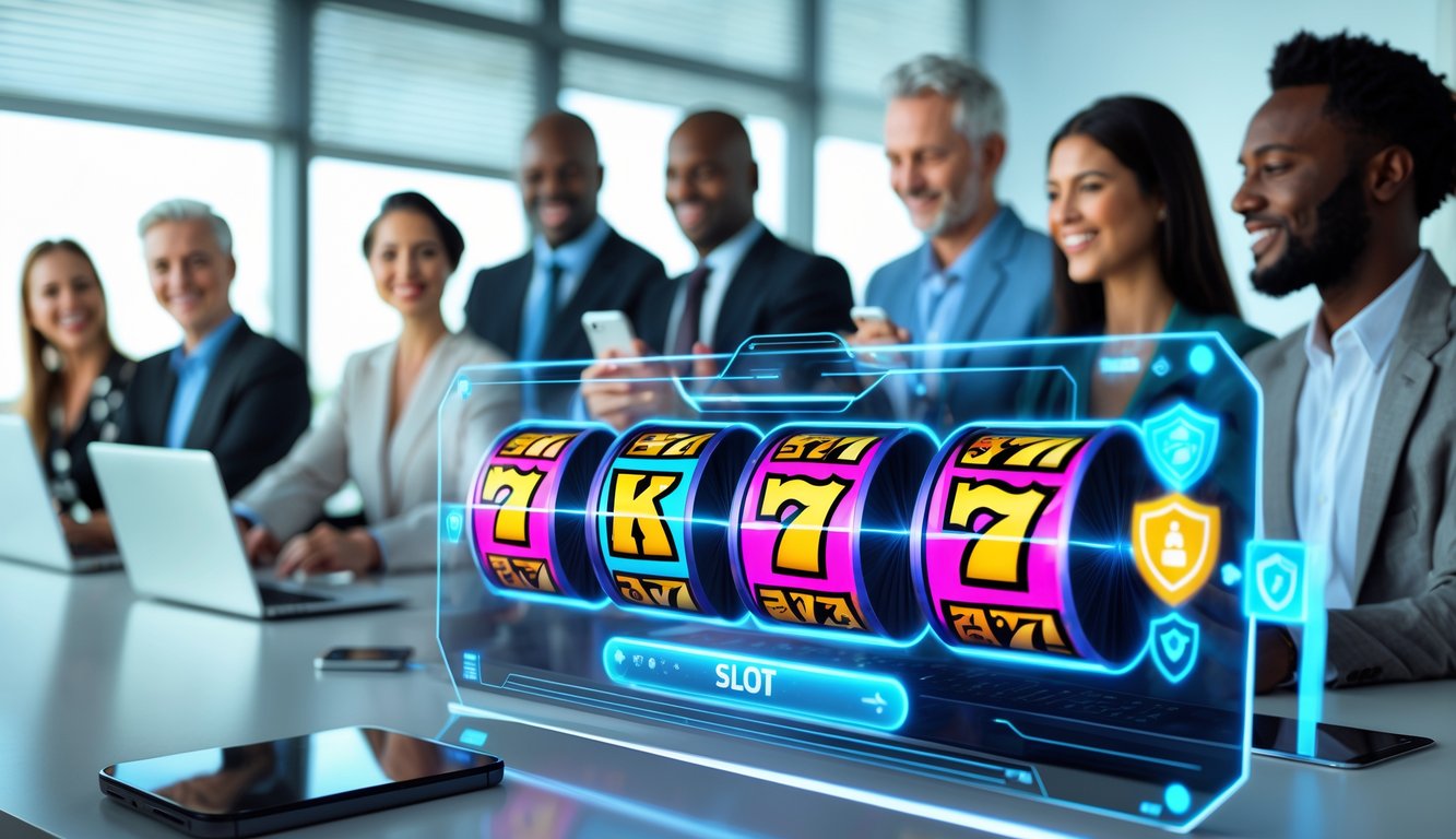 Orang-orang menggunakan perangkat digital dengan tampilan permainan slot berwarna-warni di layar besar dalam ruangan modern yang terang.