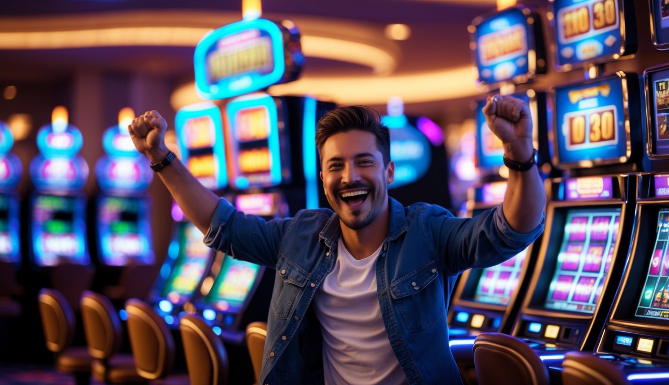 Seorang pemain yang senang sedang merayakan kemenangan di depan mesin slot di dalam kasino.