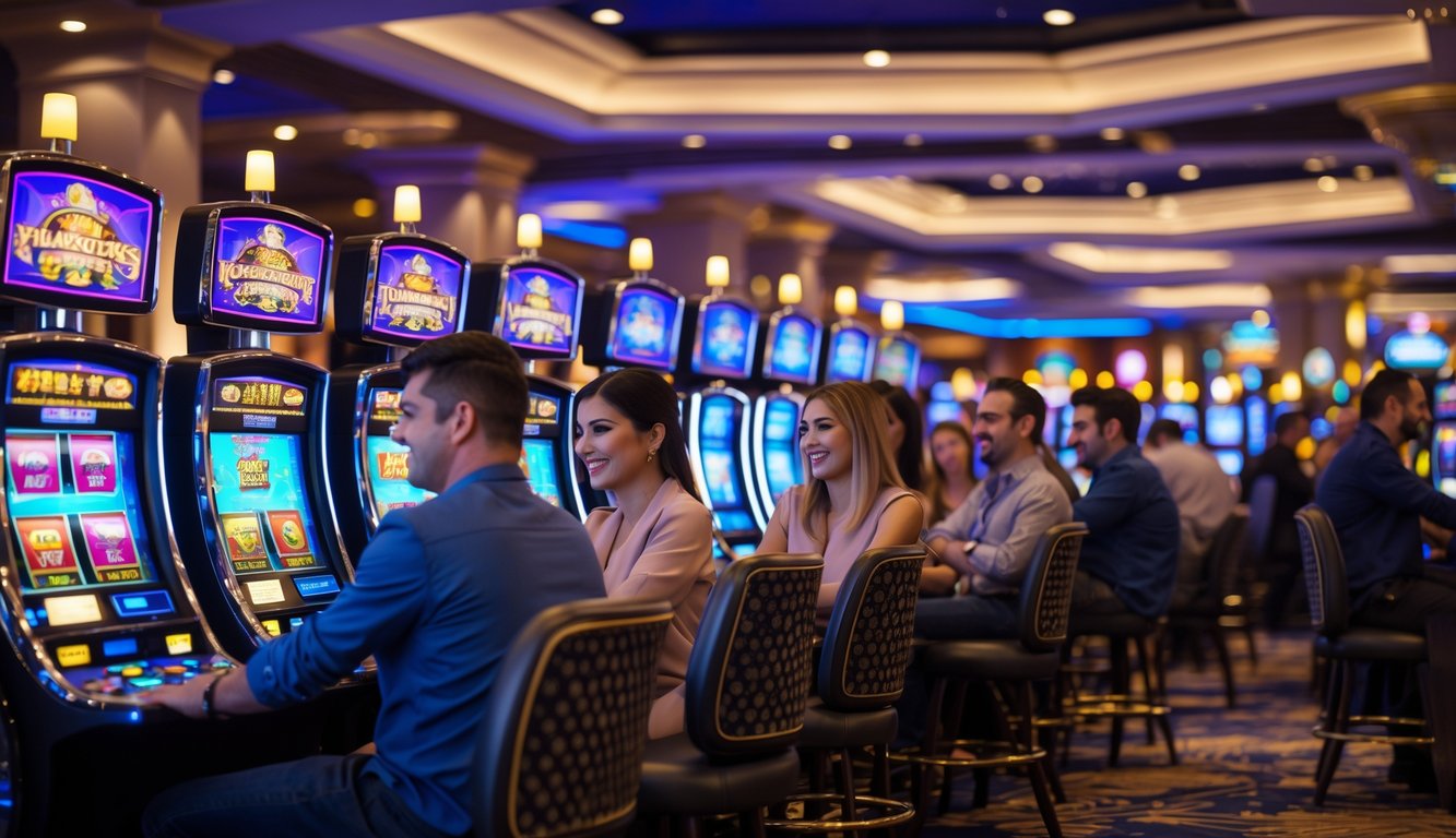 Orang-orang bermain mesin slot di dalam kasino dengan suasana mewah dan pencahayaan terang.