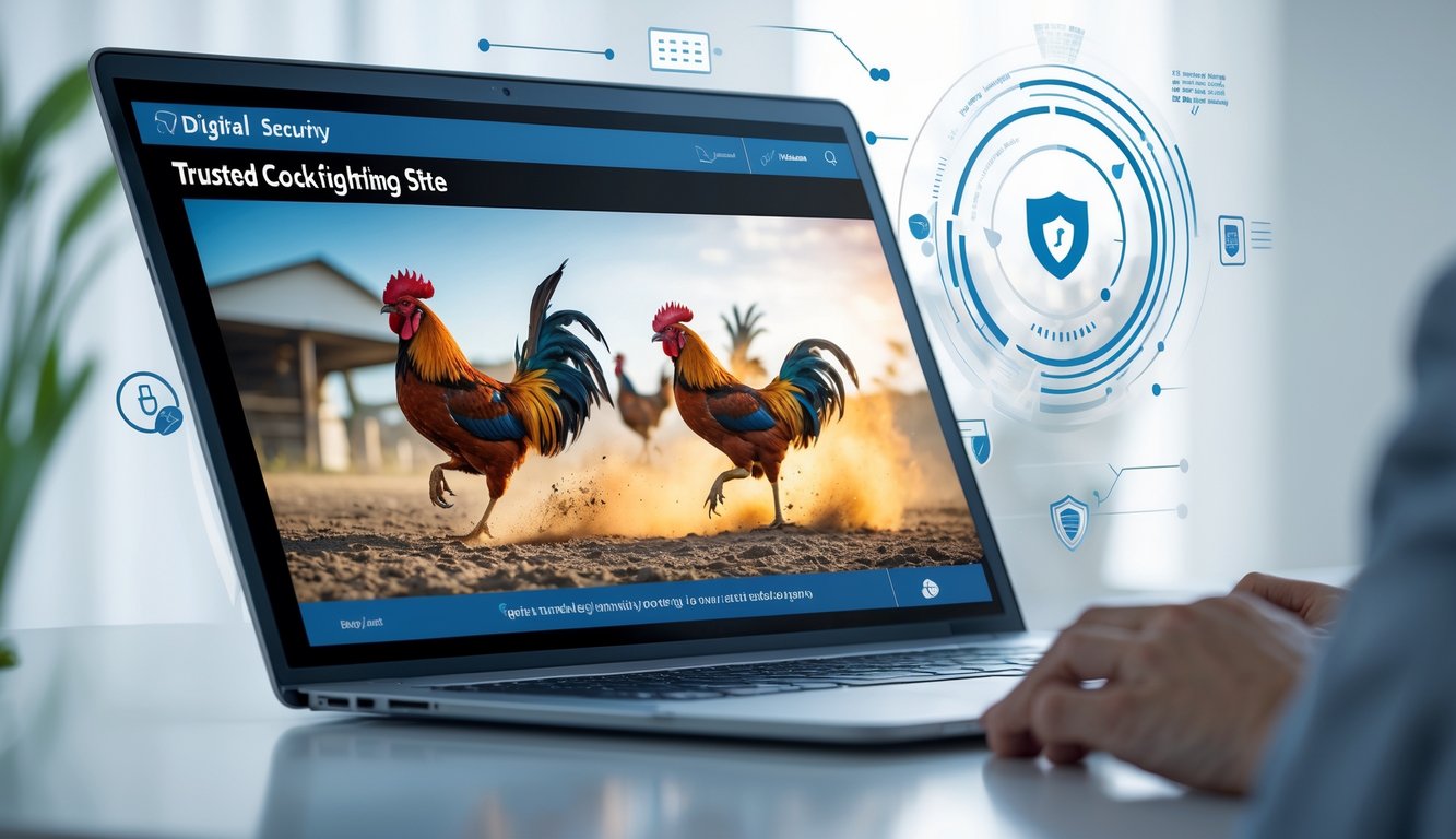 Layar komputer menampilkan streaming langsung ayam aduan dengan latar belakang teknologi dan keamanan.