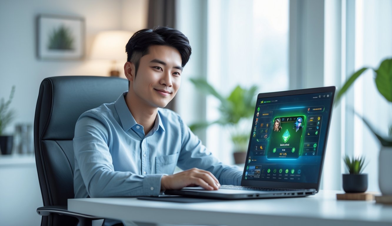 Seorang pria muda Asia Tenggara duduk di meja modern menggunakan laptop dengan tampilan permainan kartu digital, di ruang kerja rumah yang terang dan rapi.