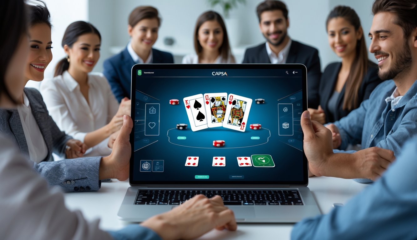 Beberapa orang muda sedang bermain permainan kartu Capsa secara online di perangkat digital dalam ruangan modern.