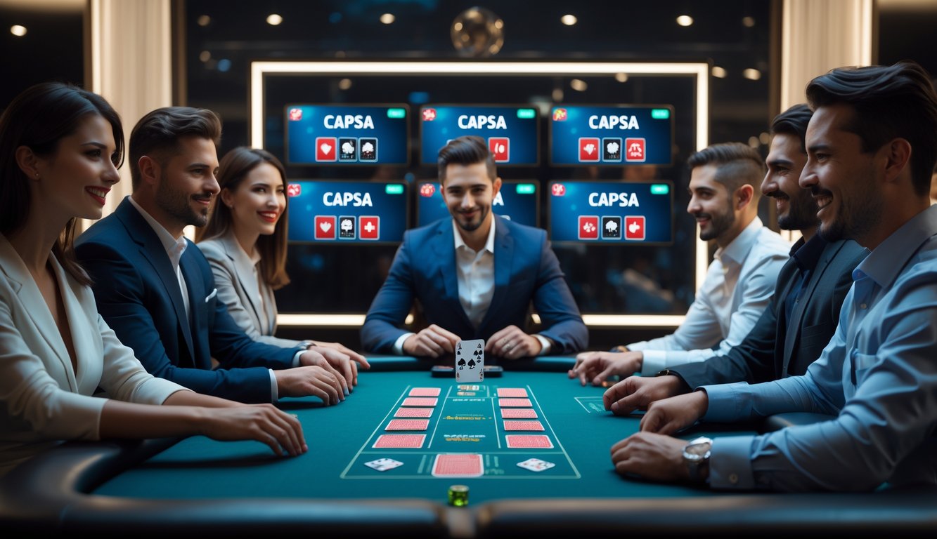 Beberapa orang bermain kartu Capsa secara online di meja permainan dengan layar digital di latar belakang.