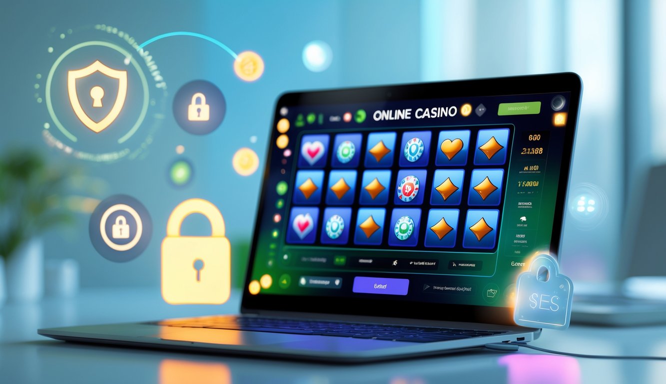 Sebuah laptop menampilkan antarmuka kasino online dengan ikon permainan dan simbol keamanan di sekitarnya.