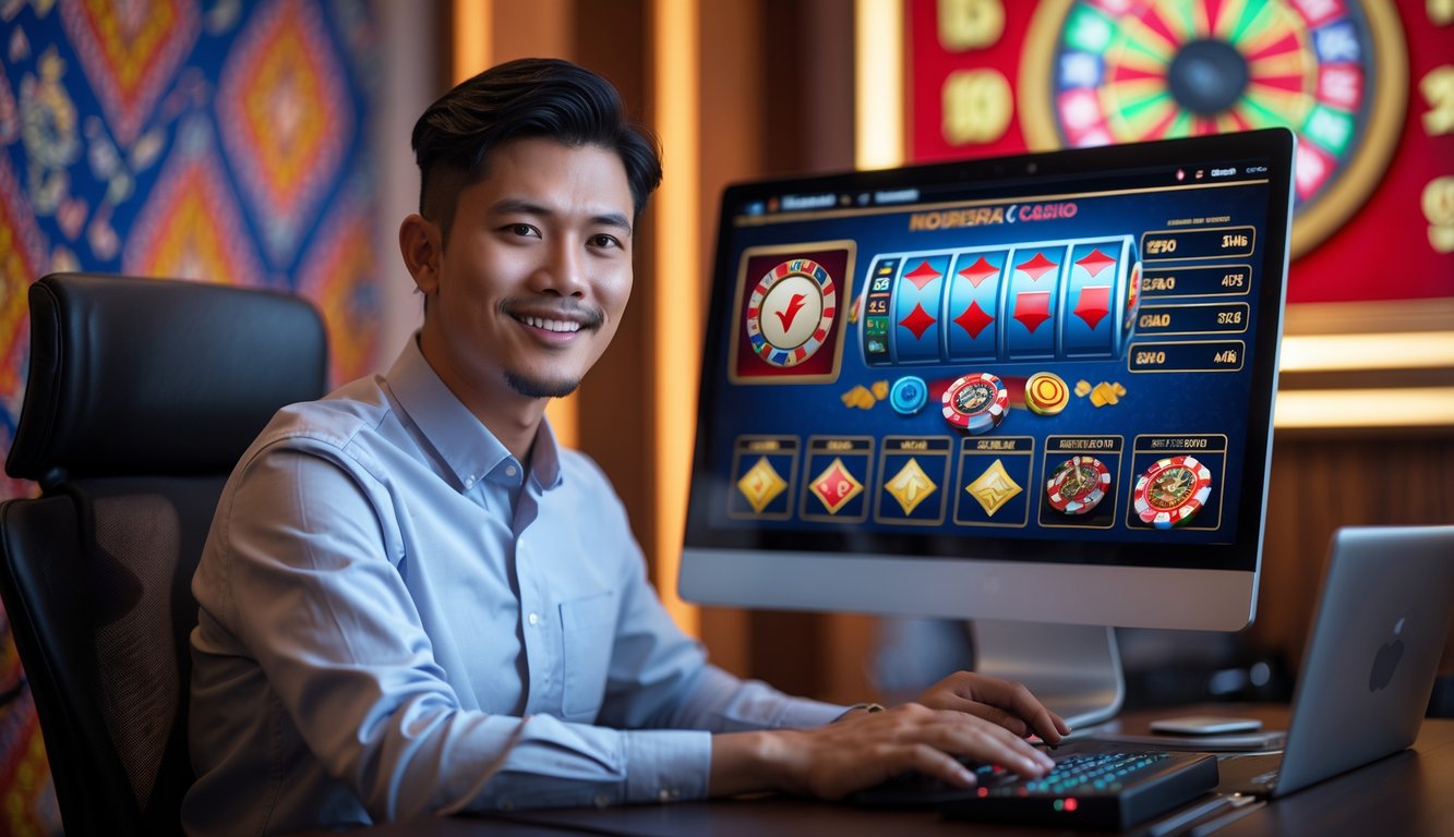 Seorang dewasa muda Indonesia duduk di depan komputer dengan tampilan permainan kasino online yang berwarna-warni di layar, di ruangan dengan elemen budaya Indonesia yang halus.