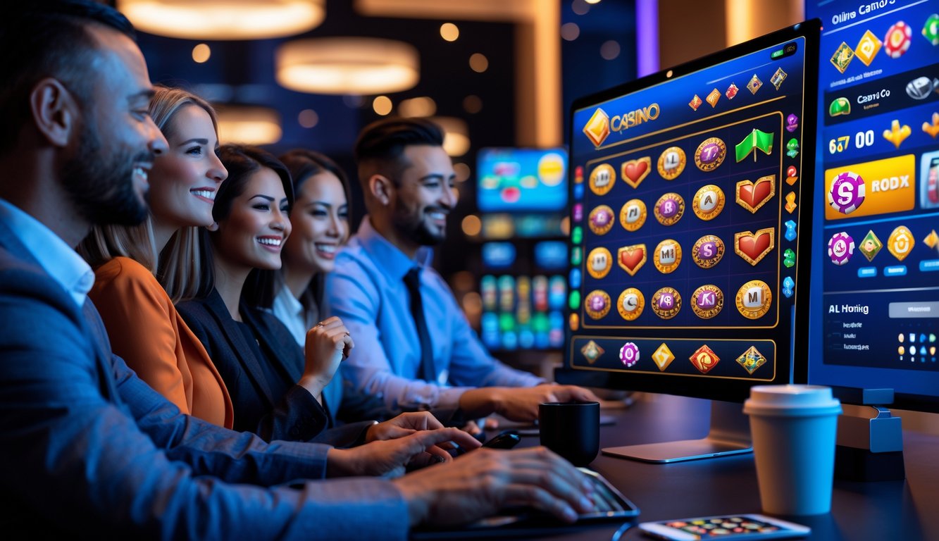 Orang-orang yang sedang menggunakan komputer dengan tampilan permainan kasino online di layar, di ruang kerja modern dan terang.