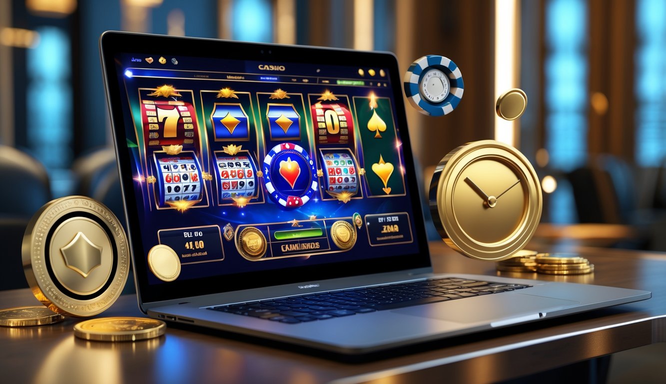 Seorang pengguna sedang bermain permainan kasino online di komputer dengan suasana ruangan yang modern dan nyaman, menampilkan elemen yang melambangkan kepercayaan dan kecepatan transaksi.