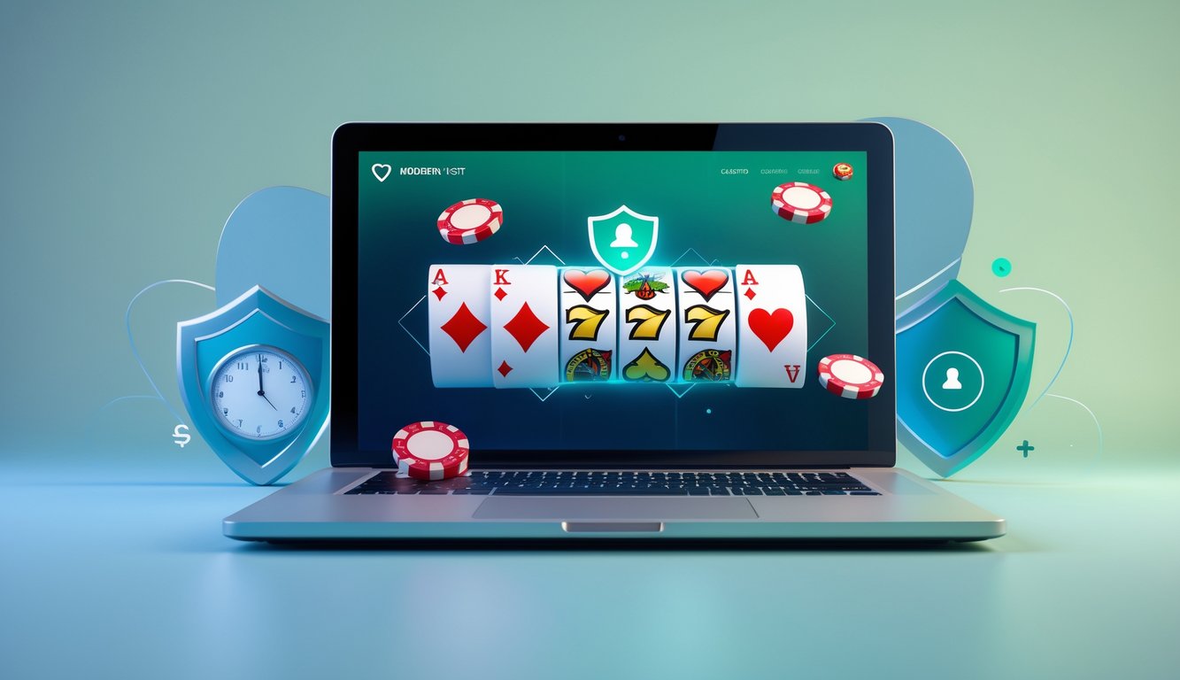 Seseorang menggunakan perangkat digital dengan tampilan permainan kasino online dan simbol keamanan di sekitarnya.