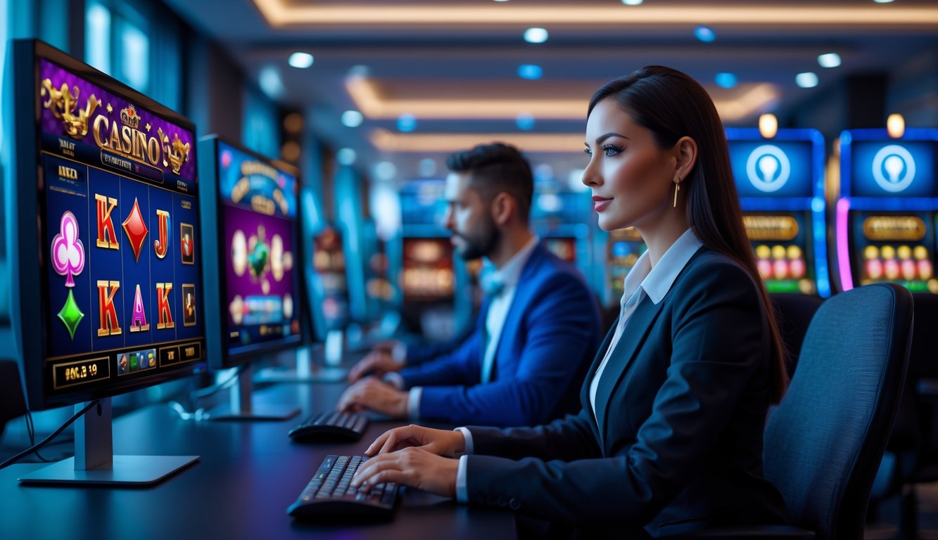 Dua pemain profesional duduk di depan komputer dengan tampilan permainan kasino online di layar, di ruang kantor modern yang terang dan tenang.