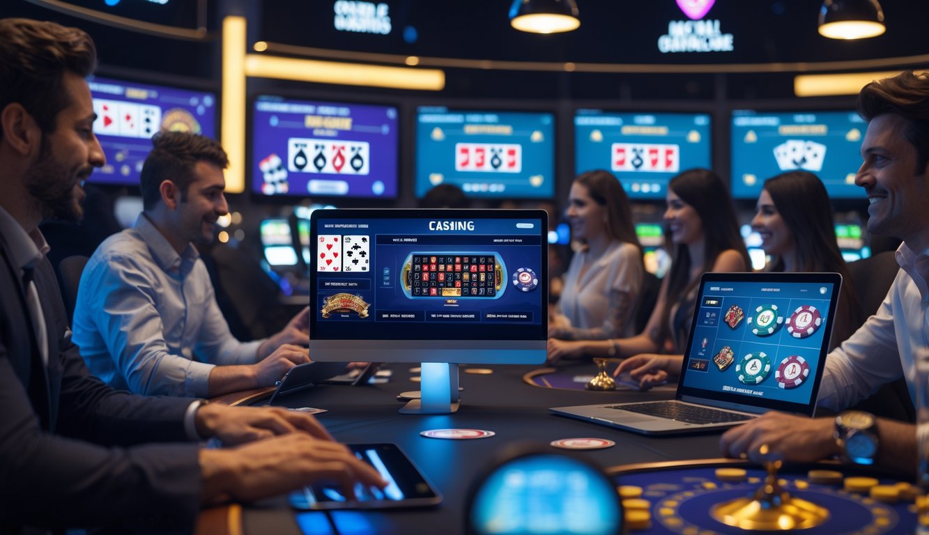 Beberapa orang bermain permainan kasino secara online menggunakan laptop dan ponsel dengan tampilan permainan kasino langsung di layar.