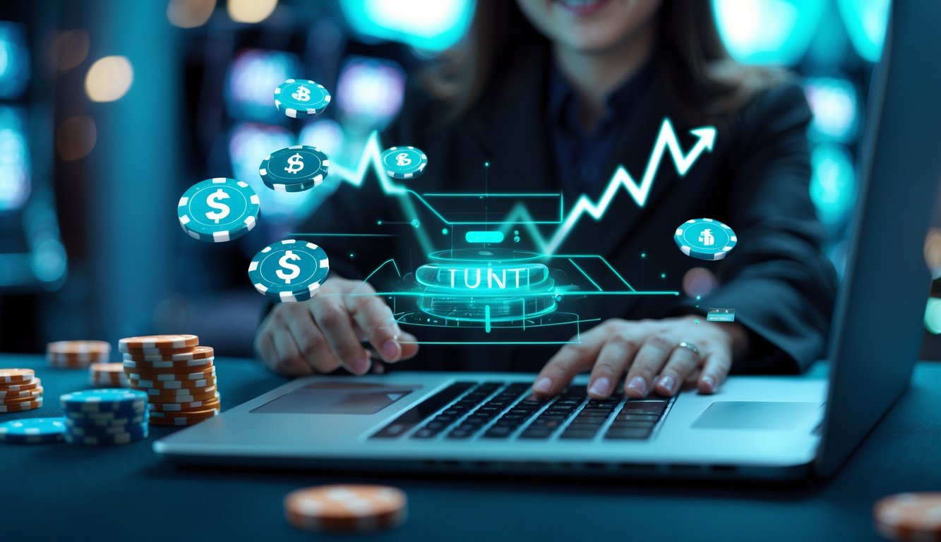 Seseorang menggunakan laptop di meja kerja dengan latar belakang elemen kasino dan ikon transaksi keuangan yang menunjukkan proses deposit dan penarikan cepat.