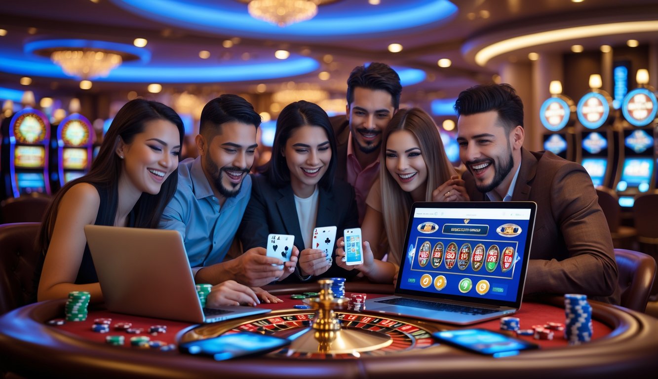 Orang-orang bermain permainan kasino online dengan perangkat digital di lingkungan yang mewah dan ramai seperti kasino asli.