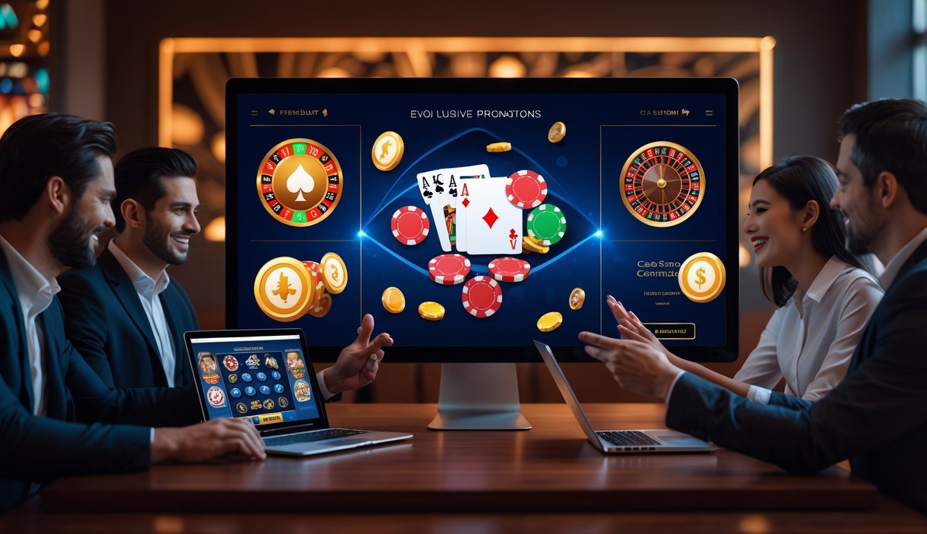 Orang-orang menggunakan perangkat digital dengan latar belakang elemen kasino seperti kartu, chip, dan roda roulette yang menyatu di layar.