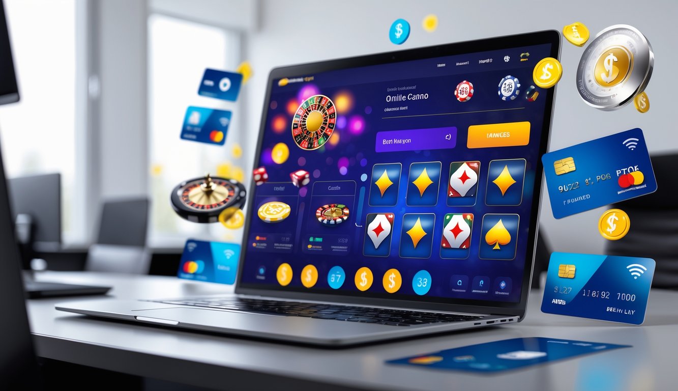 Seorang pengguna sedang menggunakan komputer dengan tampilan permainan kasino online dan ikon metode pembayaran di sekitarnya.