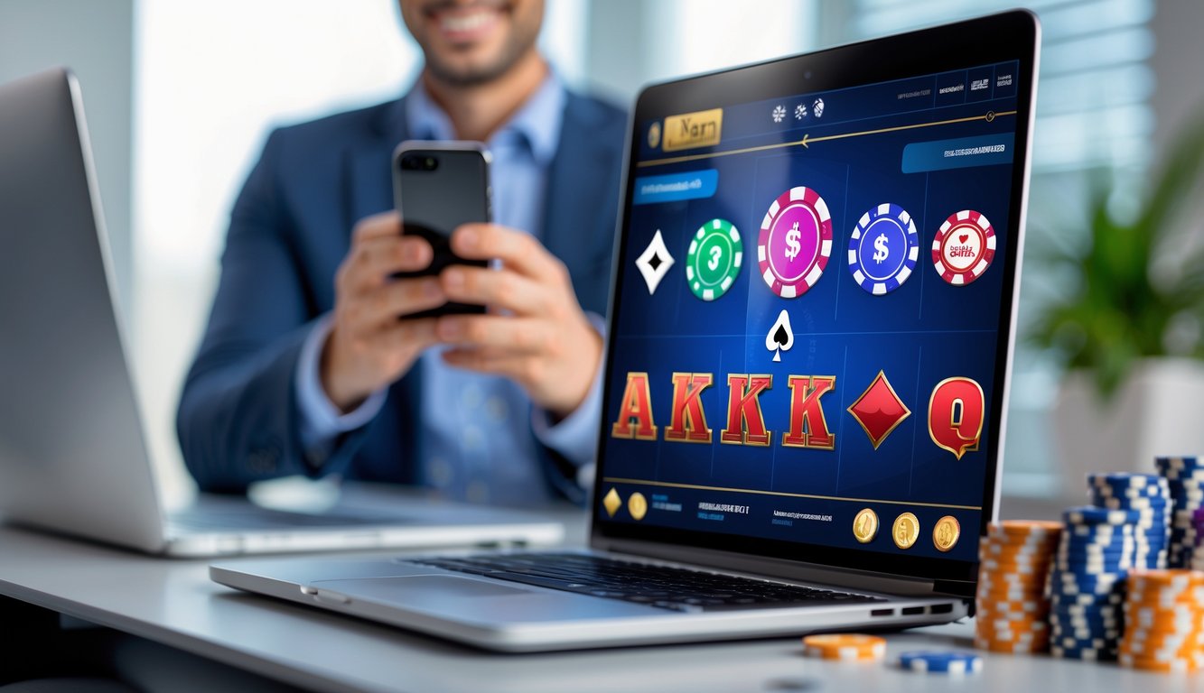 Seorang pria tersenyum menggunakan ponsel di depan laptop dengan tampilan permainan kasino online yang berwarna-warni di layar.