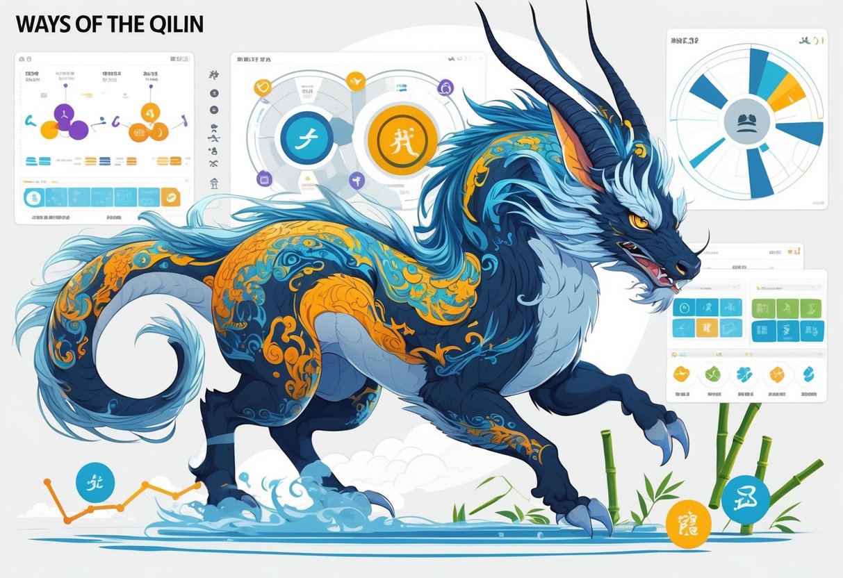 Ilustrasi seekor Qilin mitos dengan elemen permainan dan diagram strategi di sekitarnya.