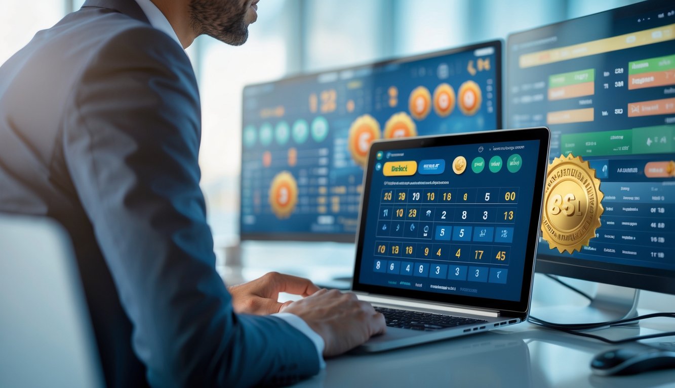Seorang profesional menggunakan laptop di meja kerja dengan beberapa monitor menampilkan data pasar togel online.