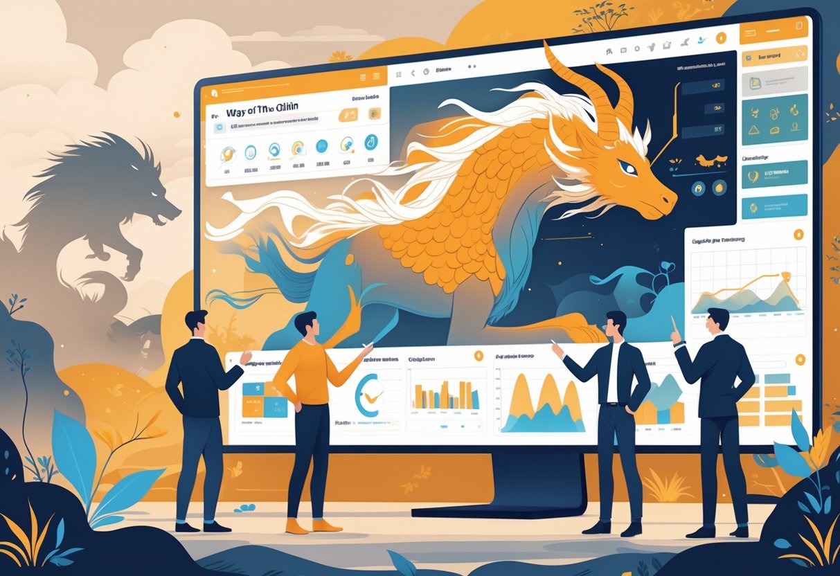 Ilustrasi profesional yang menunjukkan sekelompok orang sedang menganalisis fitur utama Ways of the Qilin dengan layar digital besar yang menampilkan elemen-elemen Qilin dan diagram strategi permainan.