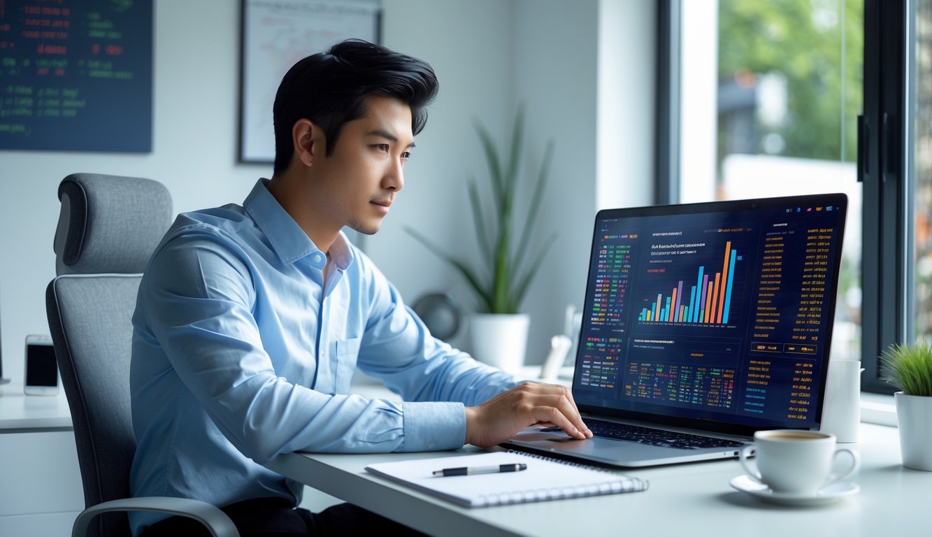 Seorang pria muda duduk di depan laptop di ruang kerja rumah yang rapi, fokus pada layar komputer dengan data dan grafik.