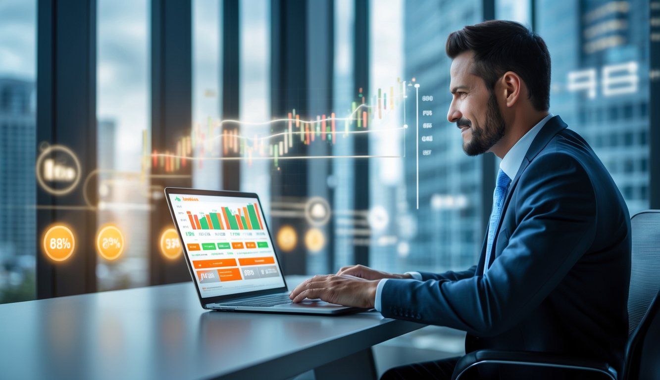 Seorang pria bisnis duduk di meja modern dengan laptop, melihat grafik dan statistik di layar, di dalam kantor dengan pemandangan kota di latar belakang.