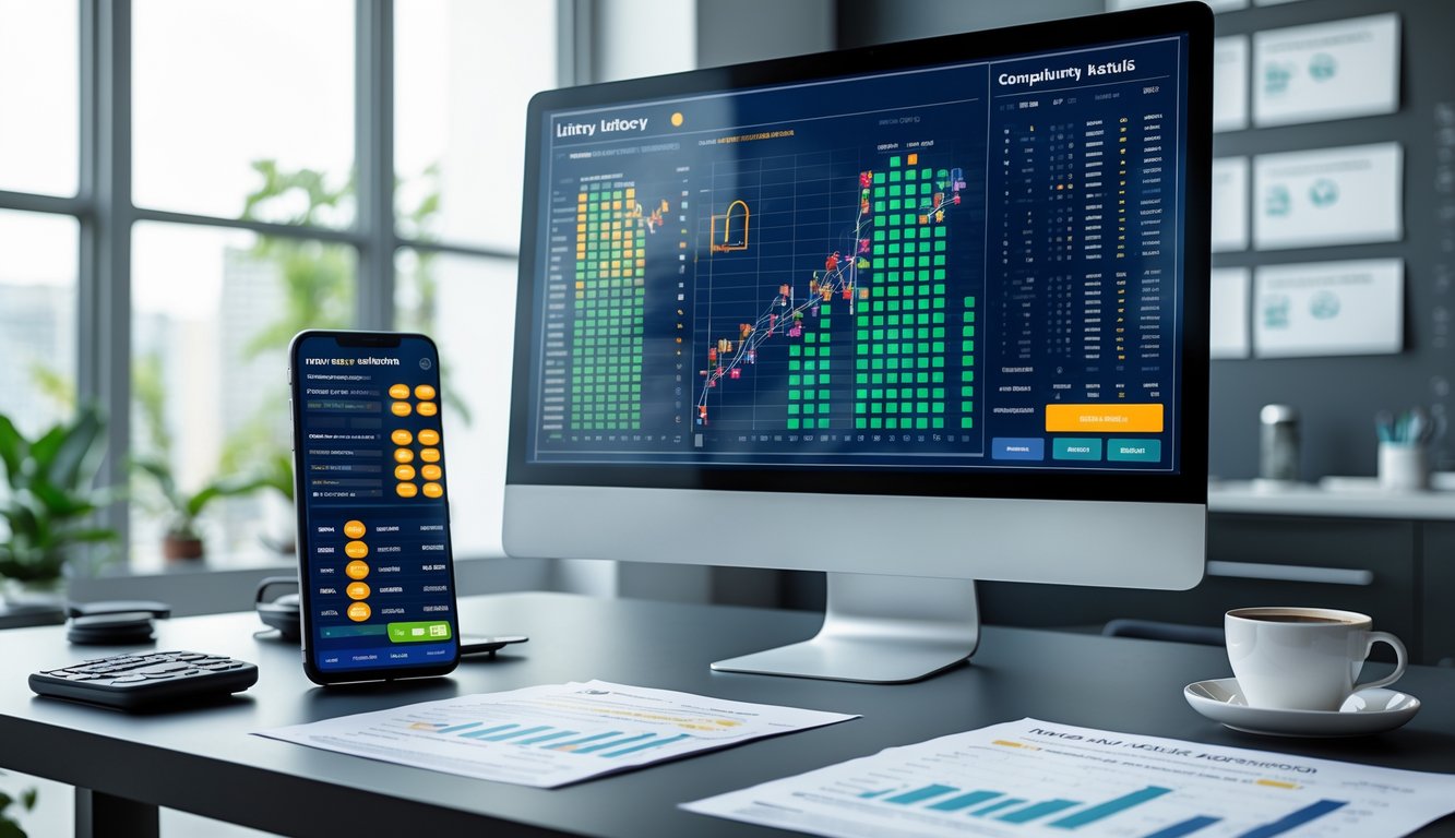 Meja kerja modern dengan komputer menampilkan grafik data keluaran togel, smartphone dengan aplikasi taruhan, dan dokumen rapi di ruangan terang.