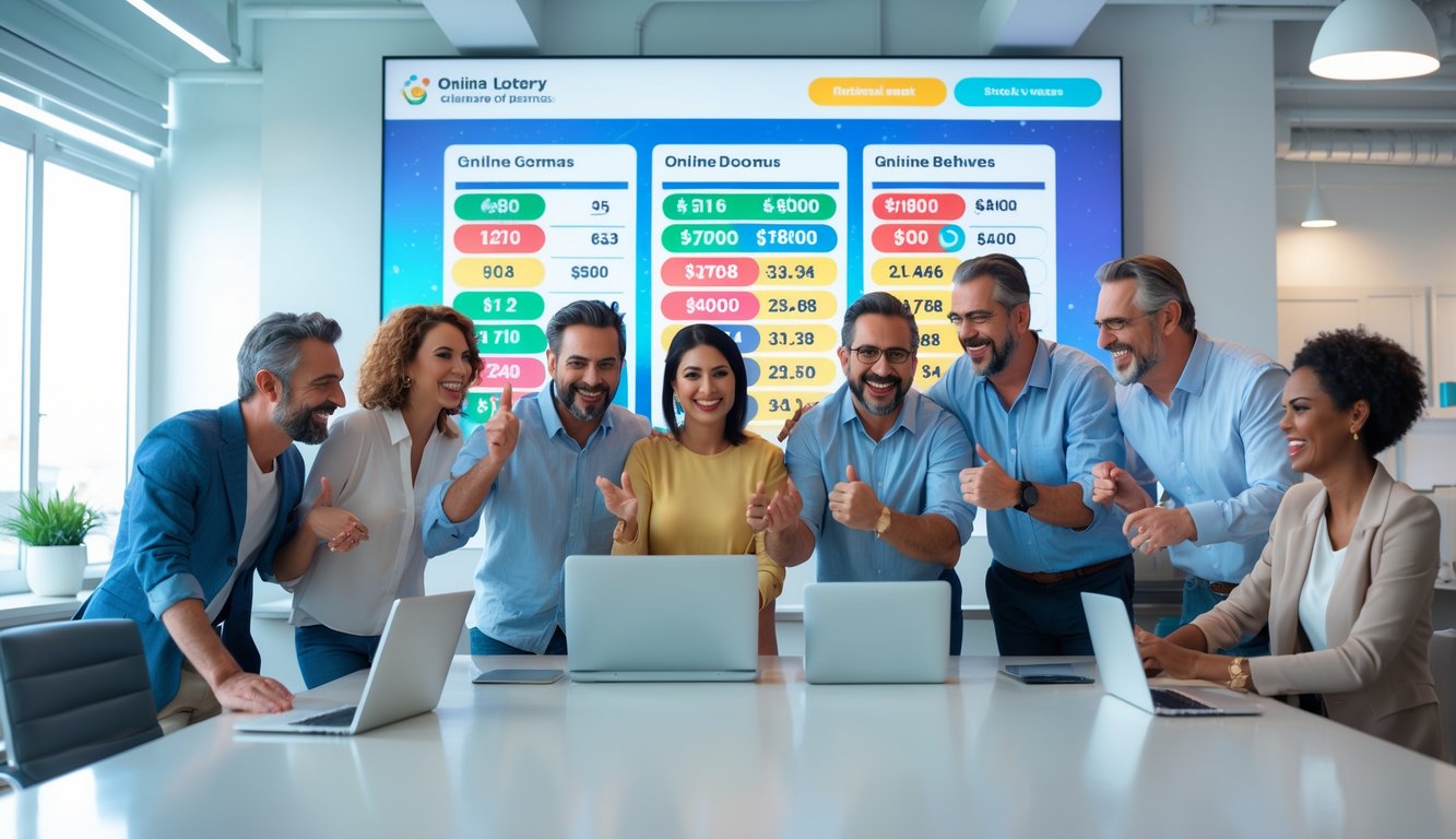 Sekelompok orang yang bahagia berkumpul di sekitar layar digital besar dengan grafik dan angka, di ruang kantor modern yang terang dan bersih.