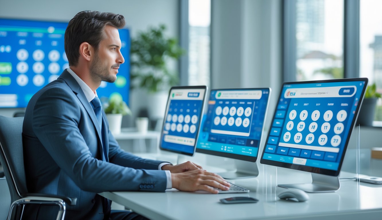 Seorang profesional bisnis duduk di meja dengan perangkat digital menampilkan angka lotre dan grafik di kantor yang bersih dan terang.