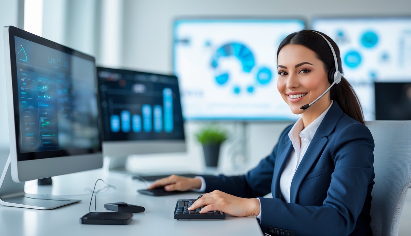 Seorang perwakilan layanan pelanggan profesional menggunakan headset di kantor modern dengan beberapa monitor komputer.