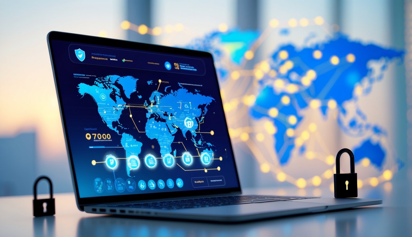 Seorang profesional menggunakan laptop dengan tampilan antarmuka digital yang menampilkan grafik dan ikon keamanan di latar belakang peta dunia yang menunjukkan konektivitas global.