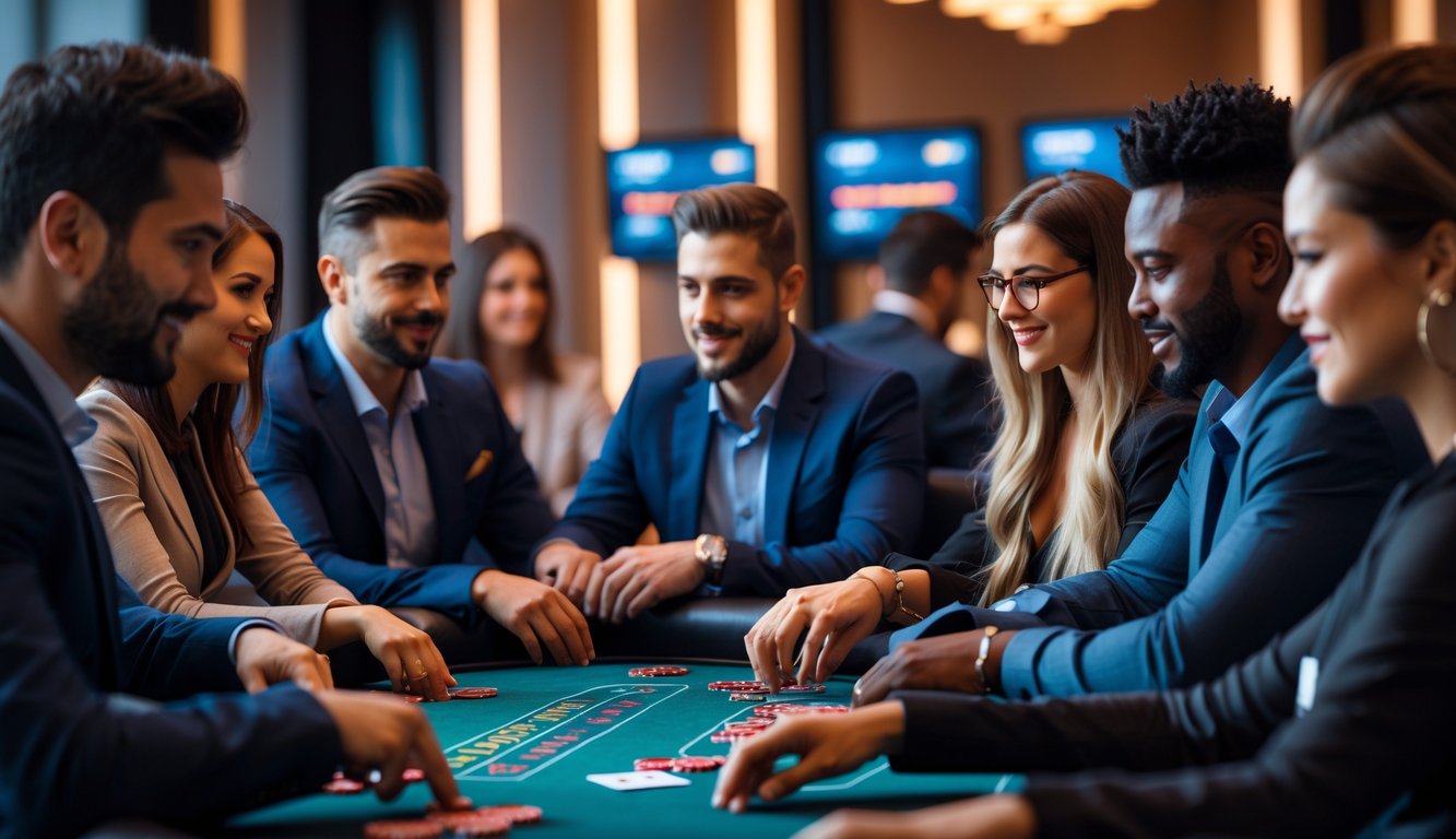 Sekelompok orang bermain poker di meja kasino modern dengan suasana yang hangat dan fokus.