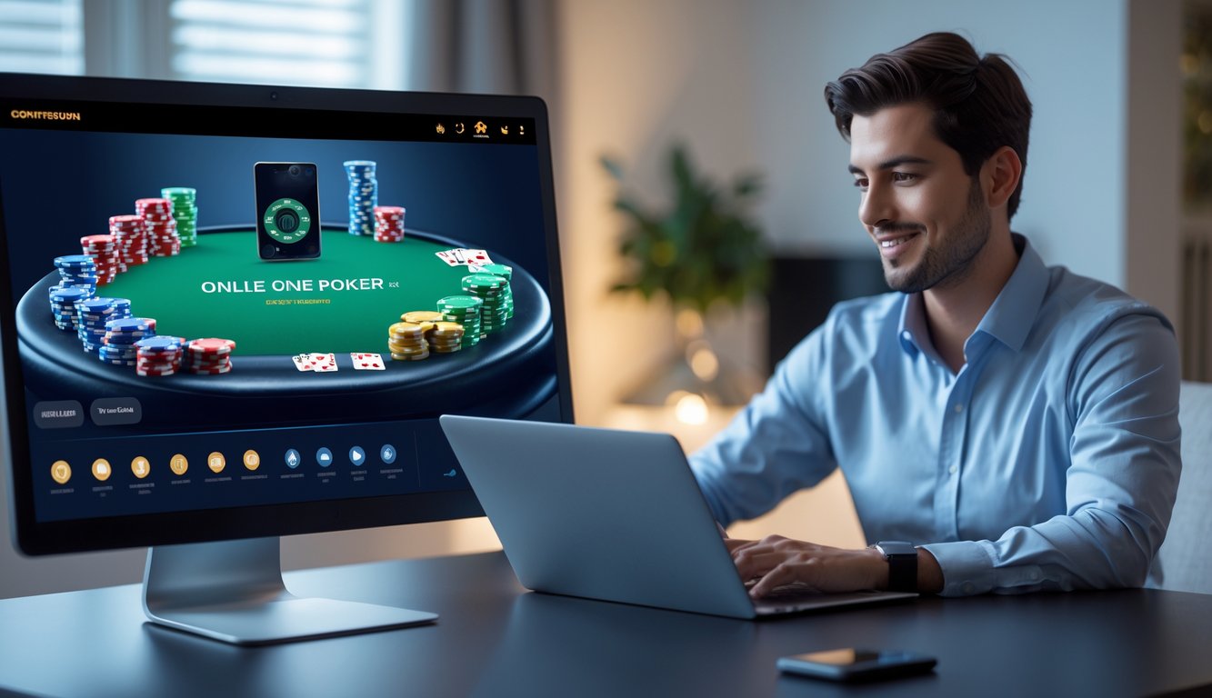 Seseorang sedang bermain poker online di komputer dengan suasana ruangan yang nyaman dan modern.