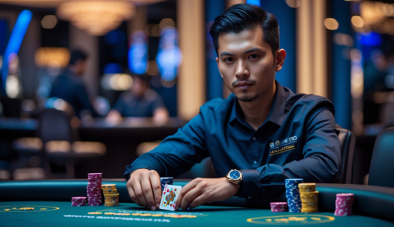 Seorang pemain poker profesional Indonesia duduk di meja poker dengan kartu dan tumpukan chip di depan, di dalam suasana kasino yang modern dan elegan.
