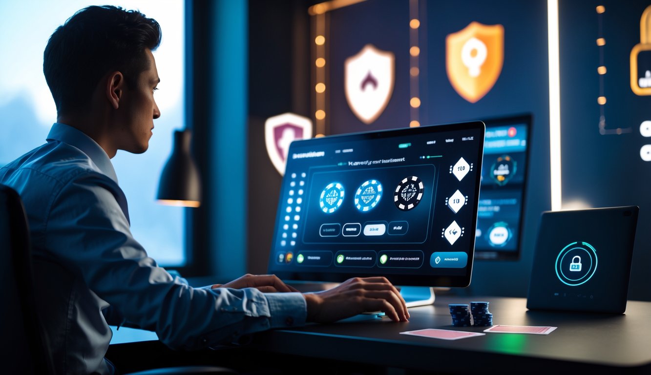 Seorang pria fokus bermain poker online di depan laptop dengan chip dan kartu di meja, menunjukkan suasana aman dan terpercaya.