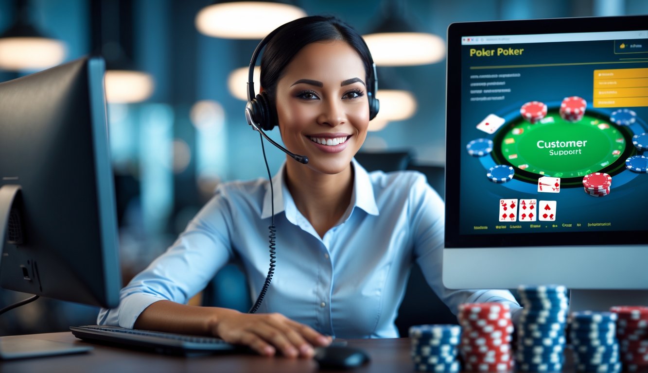 Seorang perwakilan layanan pelanggan yang ramah mengenakan headset di kantor modern dengan elemen terkait poker online di latar belakang.