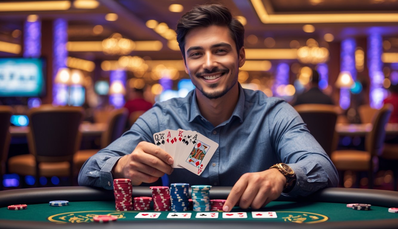 Seorang pria muda percaya diri duduk di meja poker dengan kartu dan tumpukan chip, di dalam kasino yang mewah dan terang.