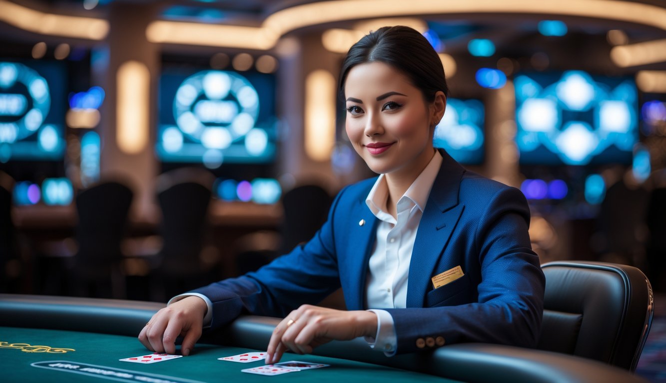 Seorang pemain poker profesional duduk di meja poker modern dengan suasana kasino mewah, memegang kartu poker dan terlihat percaya diri.