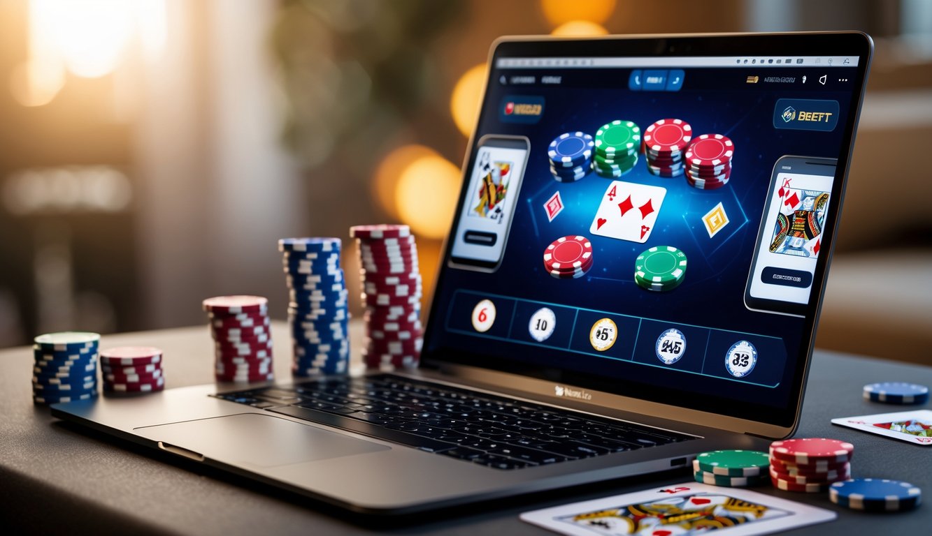 Sebuah laptop dengan permainan poker online di layar, dikelilingi chip poker dan kartu remi di atas meja dalam ruangan yang nyaman.