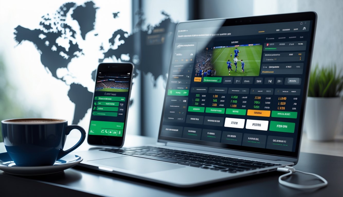 Meja kerja modern dengan laptop dan ponsel yang menampilkan grafik olahraga dan acara olahraga langsung.