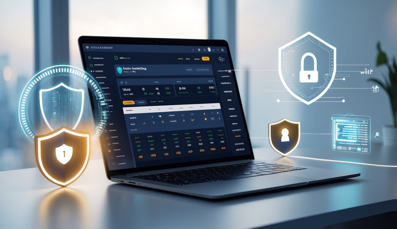 Meja kerja modern dengan laptop yang menampilkan antarmuka taruhan olahraga online dan ikon keamanan di sekitarnya.