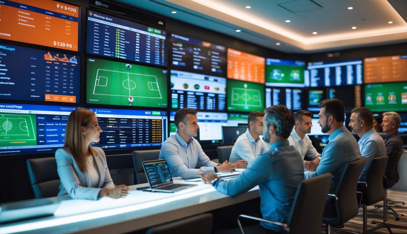 Sekelompok orang dewasa sedang melihat layar digital yang menampilkan berbagai pertandingan olahraga dan peluang taruhan dalam ruangan modern.