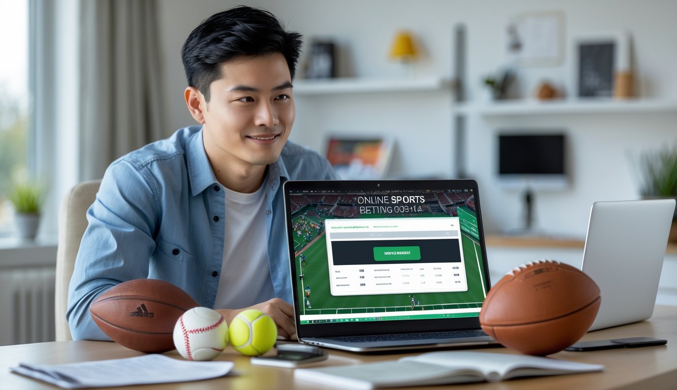 Seseorang menggunakan laptop di meja kerja dengan perlengkapan olahraga di sekitarnya, terlihat fokus dan percaya diri.