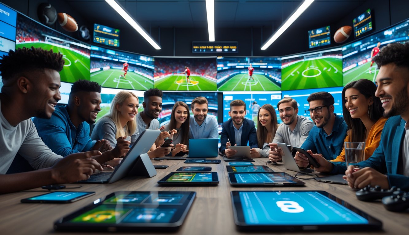 Sekelompok orang muda sedang menggunakan perangkat digital untuk taruhan bola dan esports dalam ruangan modern yang terang.