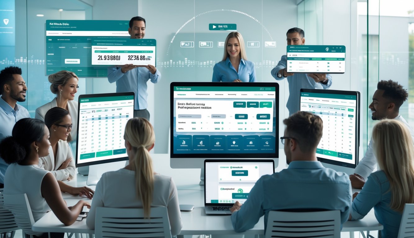 Sekelompok orang menggunakan perangkat digital di ruang kantor modern yang terang, menunjukkan suasana taruhan olahraga online yang terpercaya dan transparan.