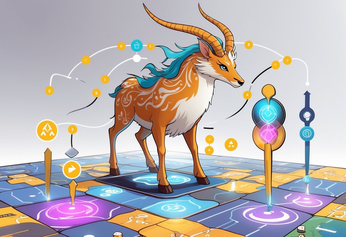 Seekor Qilin berdiri di atas papan permainan dengan jalur dan simbol yang menggambarkan mekanisme permainan untuk pemain baru.