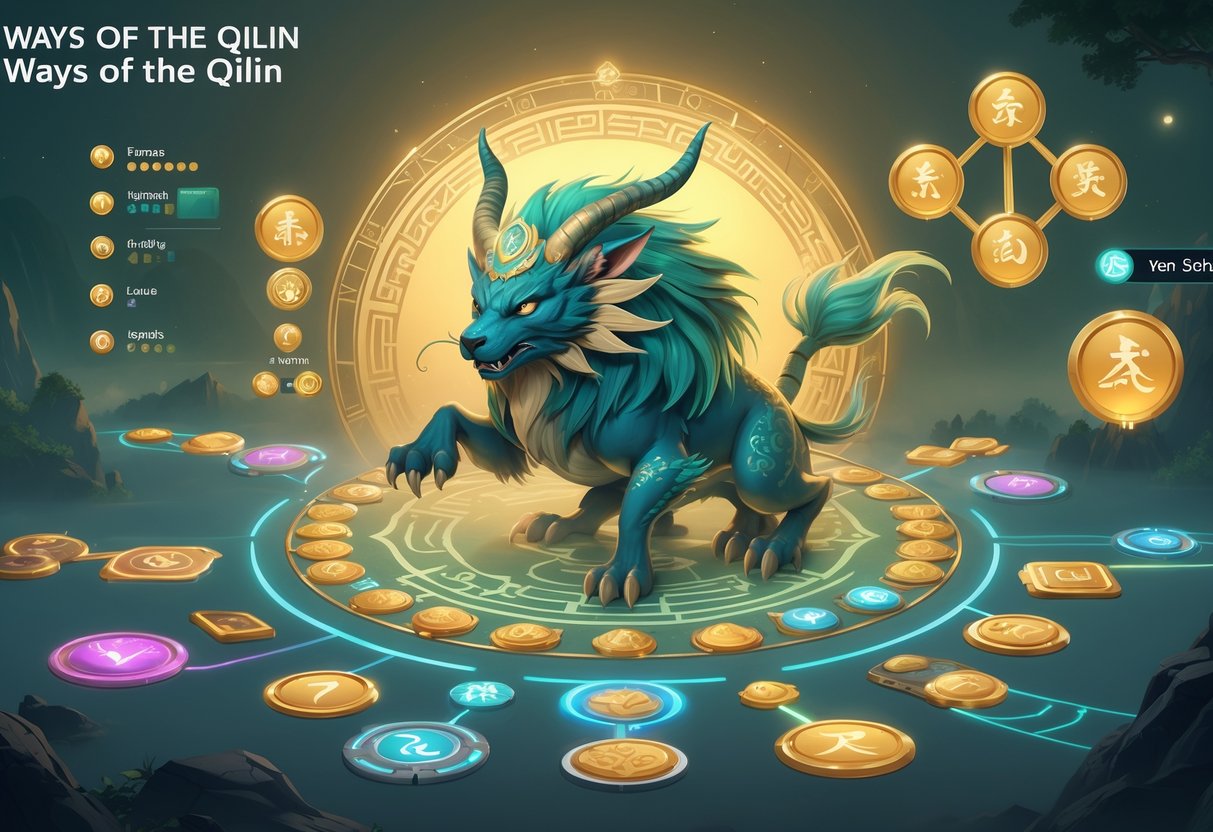 Ilustrasi seekor qilin mistis di tengah, dikelilingi oleh simbol-simbol permainan dan fitur utama yang menonjol, menunjukkan elemen-elemen penting dalam permainan Ways of the Qilin.